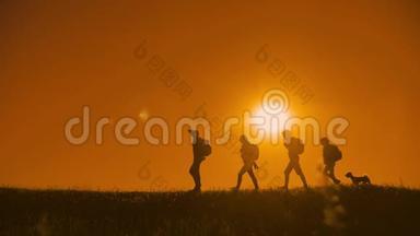 人们徒步旅行者的日光剪影和游客的狗四人在日落剪影之上行走